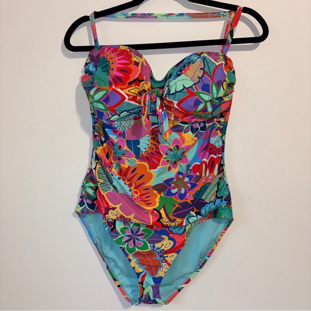 Bleu Rod Beattie Make It Pop Knot Bandeau One Piece Swimsuit Size 12 Boho Floral